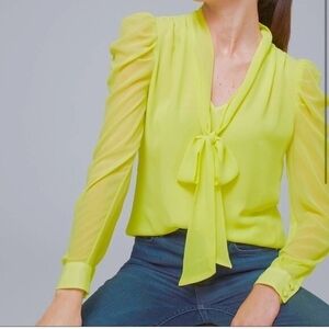 WHBM Womens Top L Neon Yellow Sheer Puff Long Sleeve Tie Neck Blouse EXC